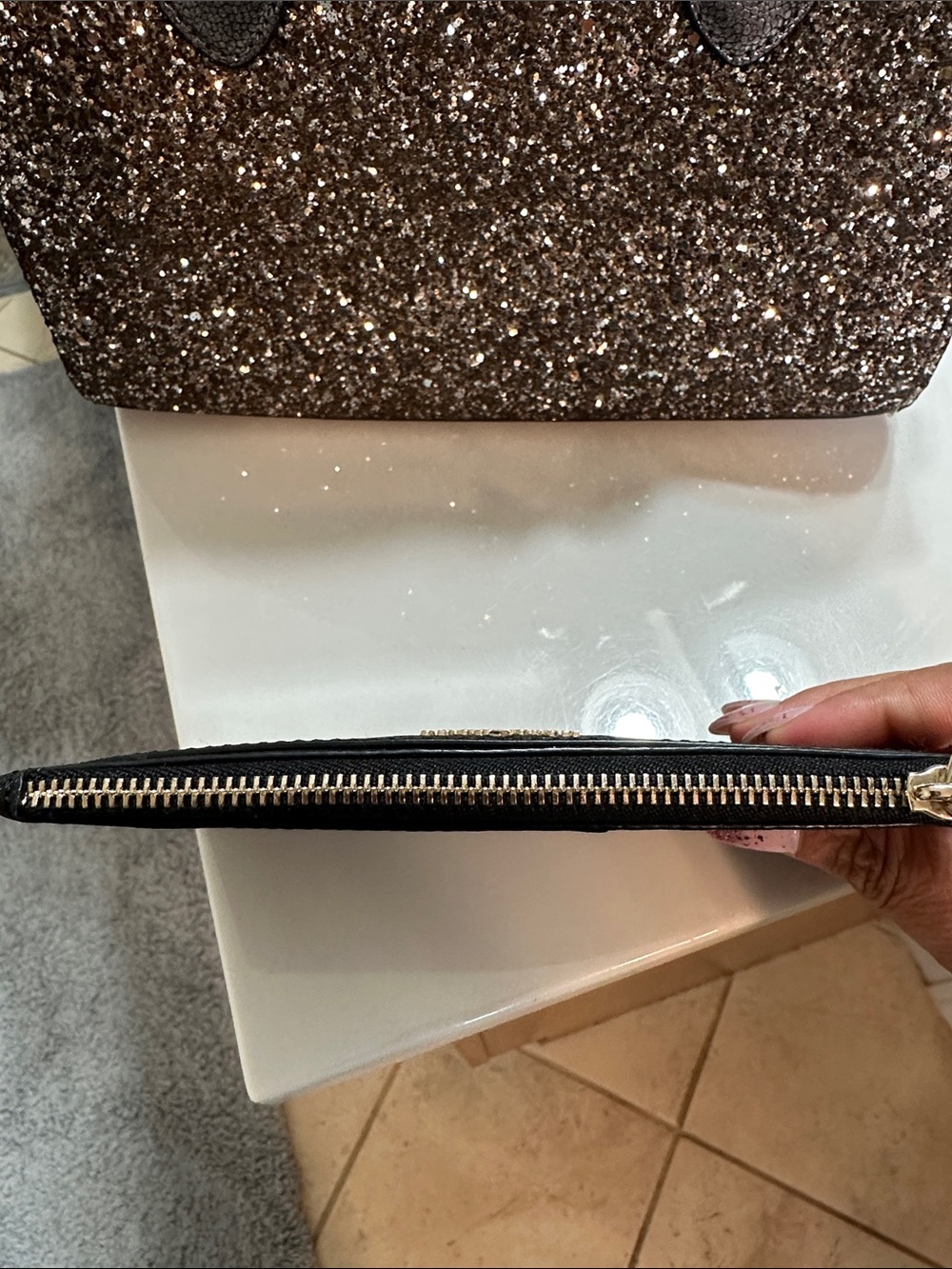 kate spade brown glitter dome satchel with black glitter pouch - Picture 4 of 10